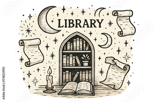 Enchanted Library Illustration. Hand-drawn enchanted library with moons, scrolls, and sparkles, center word “Library” in black and