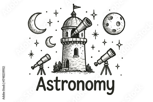 Astronomy Tower Design. Hand-drawn astronomy tower with moons, telescopes, and sparkles, center word “Astronomy” in black and