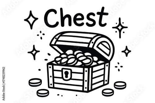 Pirate Treasure Doodle. Doodle pirate treasure chest with stars, coins, and sparkles, center word “Chest” in black and white
