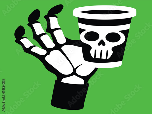 Vector art of skeleton hand holding coffee cup with skull isolated on green background