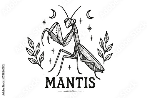 Mystical Mantis Art. Hand-drawn praying mantis with moons, sparkles, and leaves, center word “Mantis” in black and white isolated