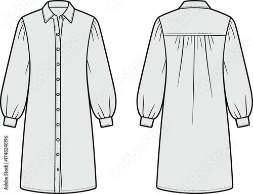 Shirt dress flat sketch, long sleeve fashion drawing, button down garment template, apparel construction illustration, front and back view, clothing technical design