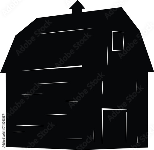 Black Silhouette Barn Structure Illustration for Spooky Decor, Eerie Atmosphere, Creative Design, Dark Environment, Artistic Viewpoint