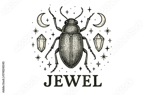 Jewel Beetle Art. Hand-drawn jewel beetle with moons, gems, and sparkles, center word “Jewel” in black and white isolated
