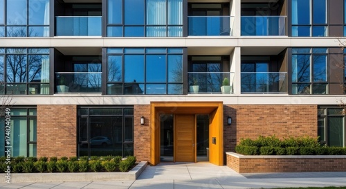 A modern apartment building with glass windows and a wooden entrance door, surrounded by greenery and a sidewalk.