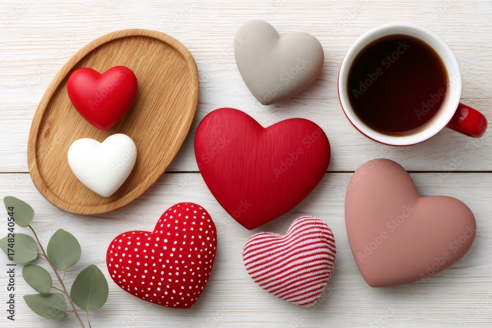 Fototapeta premium Heart shapes and coffee cup on wooden background