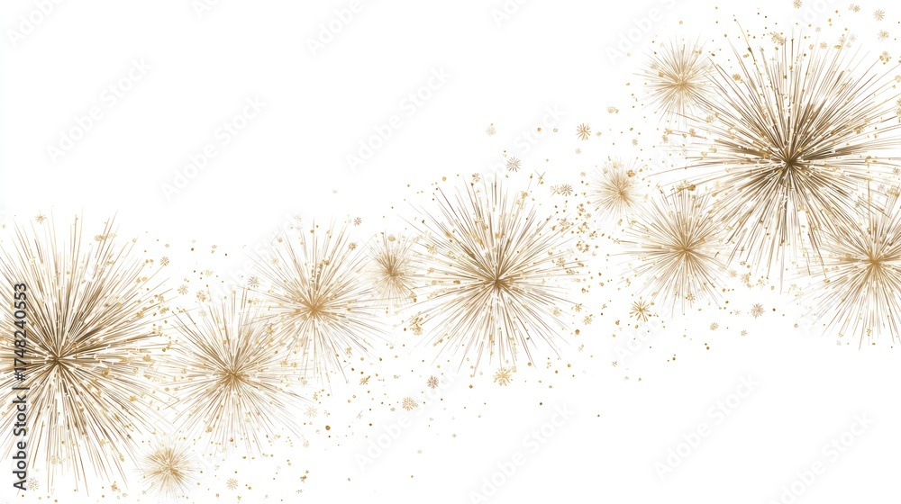 Fototapeta premium Golden dandelion-like bursts on a white backdrop, creating a festive, airy feel