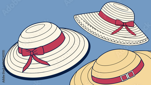 Stylish Summer Hats on Blue Background.