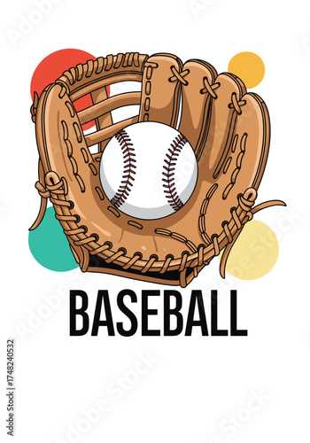 A baseball mitt with a baseball in the center encircled by colorful dots.