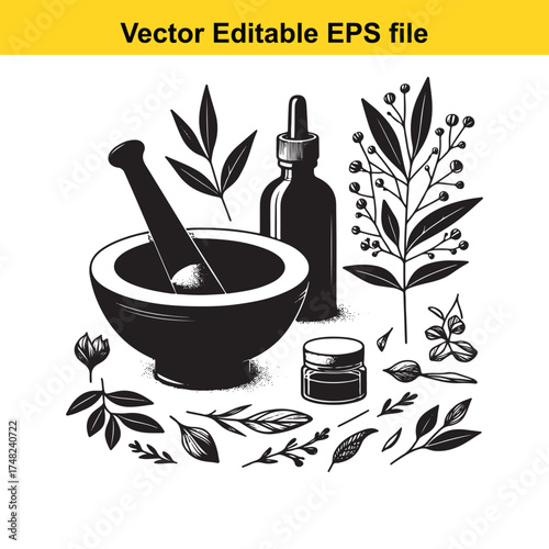 Vector art of mortar and pestle with herbs and essential oil bottle