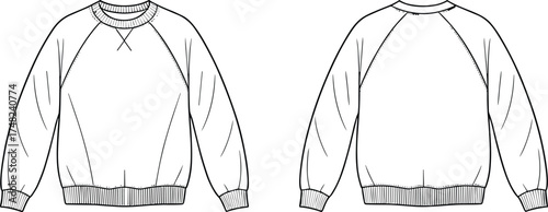 Sweatshirt flat sketch, fashion technical drawing, crew neck apparel template, garment construction illustration, front and back view, casual clothing pattern design