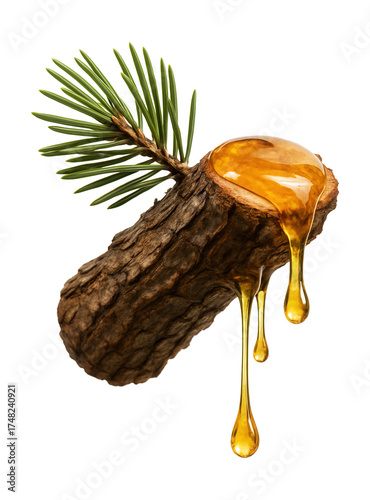 Pine branch fragment with resin seeping from the rough cut edge.