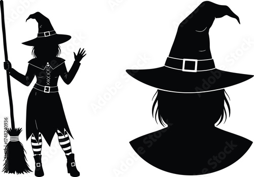 Halloween Celebration, Witch Silhouette, Spooky Atmosphere, Illustration, Dark Background, Side View, Enigmatic Charm in Halloween Spirit