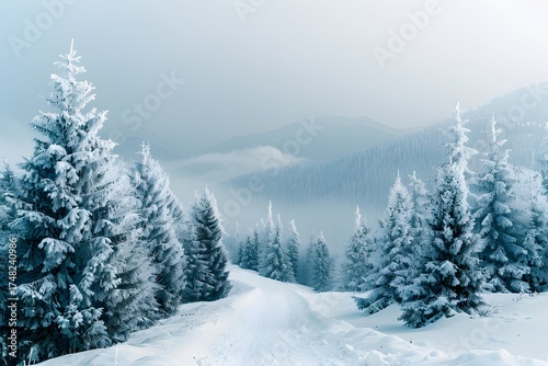Snow-covered pine trees lining a mountain road during calm winter morning. Nature landscape concept