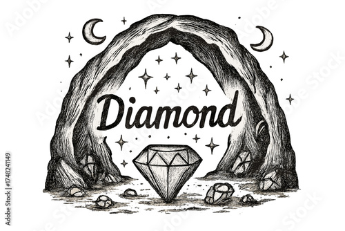Diamond Cavern Design. Hand-drawn diamond cavern with moons, sparkles, and gems, center word “Diamond” in black and white isolated