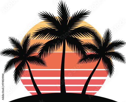 Tropical Sunset with Palm Trees, Retro Vibes, Abstract Design, Aesthetic Beach Background, Vibrant Sunset Artwork, Summer Vibes