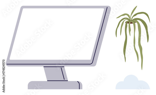 Desktop computer monitor stands beside a hanging potted plant and a light cloud. Ideal for technology, workspace, minimalism, eco-friendliness, modern lifestyle, serenity, simple flat metaphor