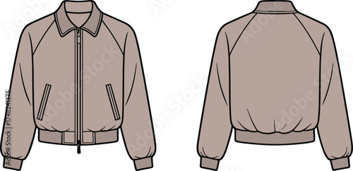 Bomber jacket flat sketch, fashion technical drawing, apparel design template, garment construction illustration, front and back view, clothing pattern design, outerwear style