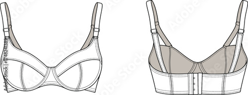Bra front and back technical drawing, lingerie design illustration, structured cup sketch, adjustable strap detail, fashion garment construction, modern underwear template