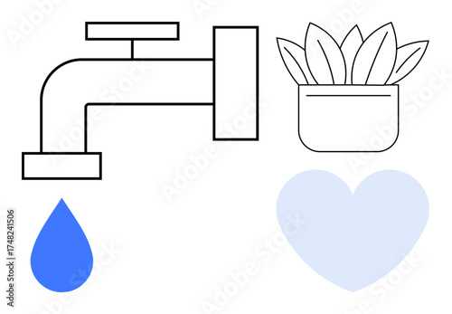 Faucet with blue water drop emphasizes sustainability, potted plant highlights growth, heart symbolizes care. Ideal for ecology, sustainability, gardening, environment, conservation, health