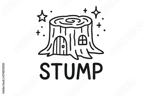 Magical Stump Home. Doodle tree stump home with stars, doors, and sparkles, center word “Stump” in black and white isolated