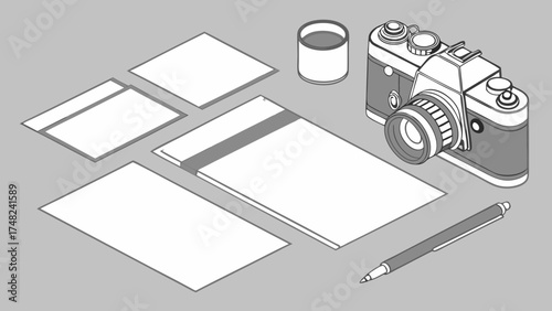 Vintage Camera and Stationery Illustration.