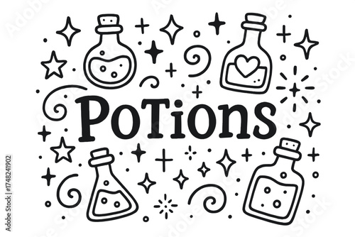 Doodle Potion Shop. Doodle potion shop with stars, bottles, and sparkles, center word “Potions” in black and white isolated