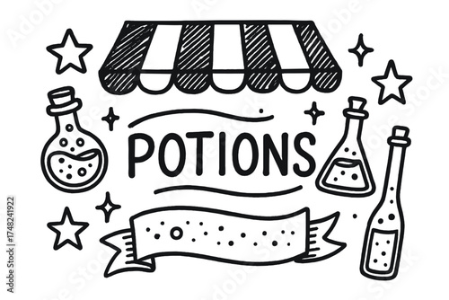 Doodle Potion Shop. Doodle potion shop with stars, bottles, and sparkles, center word “Potions” in black and white isolated