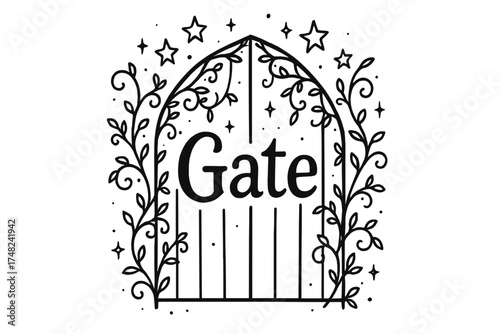 Enchanted Gate Doodle. Doodle enchanted fair gate with stars, vines, and sparkles, center word “Gate” in black and white isolated