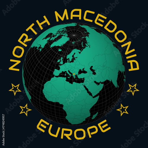 North Macedonia on Globe. Round country and continent name text. Country view on world map in Black Emerald color palette. North Macedonia shape on map. Amazing vector illustration.