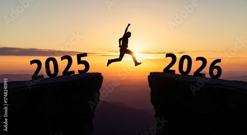 silhouette man jump from mountain from 2025 to 2026 years with the sunset or sunrise background. Happy and success growth with new year 2026 concept