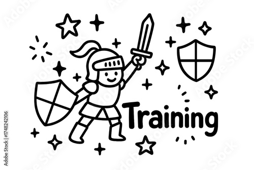 Knight Training Doodle. Doodle knight training with stars, shields, and sparkles, center word “Training” in black and white