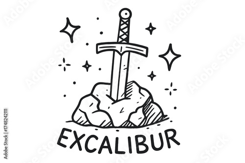 Doodle Excalibur Design. Doodle excalibur sword with stars, rocks, and sparkles, center word “Excalibur” in black and white