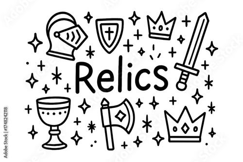 Knight Relics Doodle. Doodle knight relics with stars, crowns, and sparkles, center word “Relics” in black and white isolated