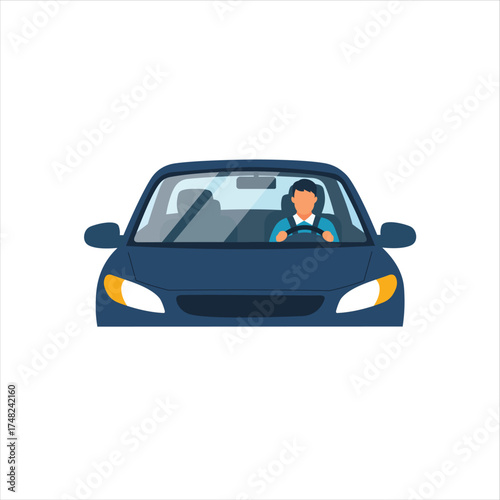 Flat Vector Man Driving Car – Front View Transportation Illustration