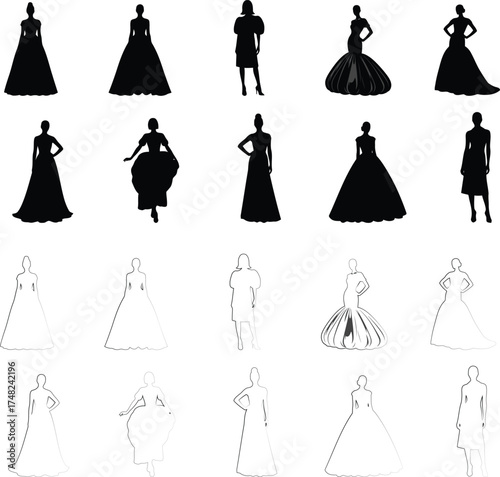 Vector art of elegant dress silhouettes, showcasing various styles and designs for formal wear in a minimalist and sophisticated aesthetic silhouette