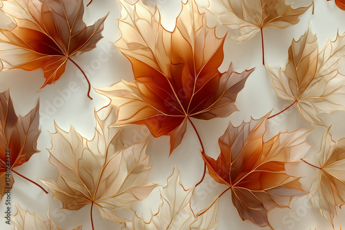 3D Stained Glass Texture with Maple Leaves in Autumn Colors and Gold Accents