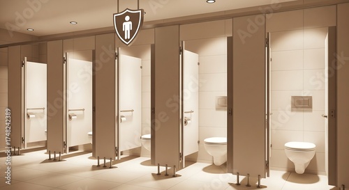 Soft Light Illuminating Row Of Clean Restroom Stalls Symbol Of Safe Facilities