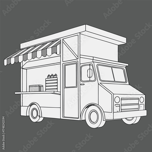 Vector art of a simple line drawing of a food truck with an awning and serving window, isolated on a plain background