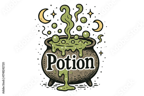 Mystical Green Potion. Hand-drawn bubbling green potion with moons, fumes, and sparkles, center word “Potion” in black and white
