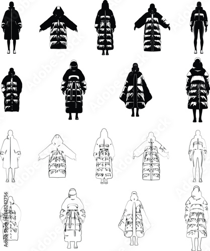 Vector art of collection of puffer coat silhouettes, displaying diverse styles and designs for winter fashion in a minimalist aesthetic silhouette