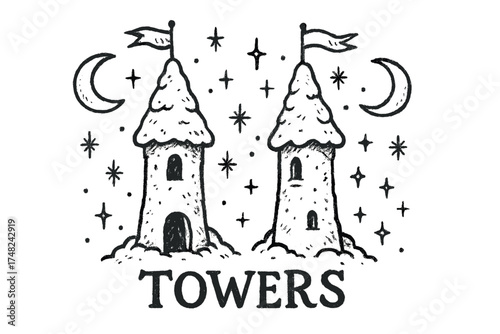 Enchanting Snow Towers. Hand-drawn snow towers with moons, sparkles, and banners, center word “Towers” in black and white isolated