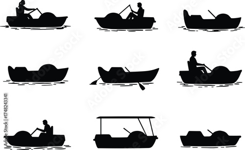 Pedal, boat, silhouette, water, ride, lake, river, people, recreation, transport, vector, icon, black, minimal, flat, design, outdoor, activity, isolated, bundle, collection, leisure, motion, floating