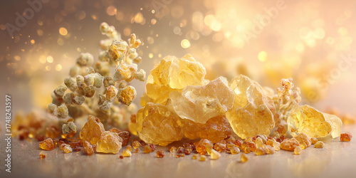 Frankincense resin golden crystals close-up with sparkling background, aromatic herbal incense detail - AI generated
