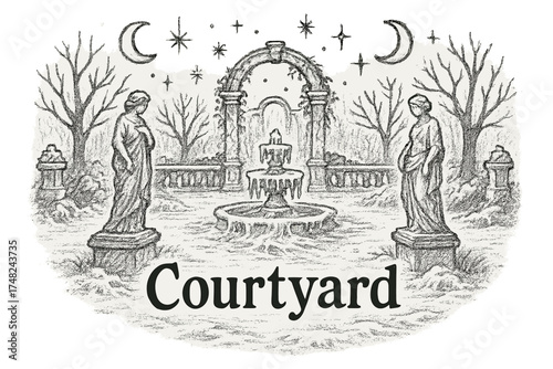 Frozen Courtyard Design. Hand-drawn frozen courtyard with moons, sparkles, and statues, center word “Courtyard” in black and white