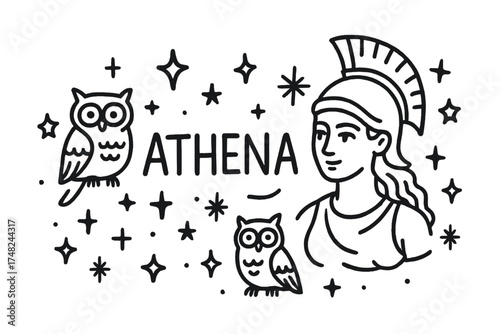 Athena Doodle on Transparent. Doodle athena with stars, owls, and sparkles, center word “Athena” in black and white isolated