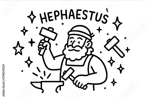 Hephaestus' Starry Forge. Doodle hephaestus with stars, hammers, and sparkles, center word “Hephaestus” in black and white