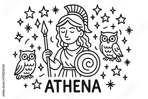 Athena Doodle on Transparent. Doodle athena with stars, owls, and sparkles, center word “Athena” in black and white isolated