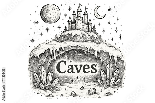 Snowy Crystal Caves. Hand-drawn snowy crystal caves under castle with moons, sparkles, and gems, center word “Caves” in black and