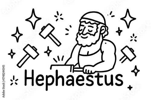 Hephaestus' Starry Forge. Doodle hephaestus with stars, hammers, and sparkles, center word “Hephaestus” in black and white